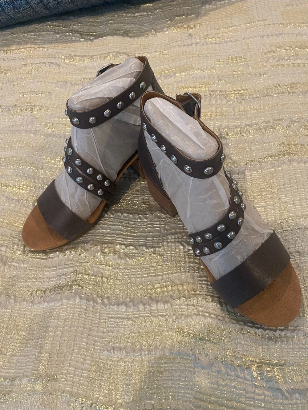 Lucky Brand Brown Studded Block Heel Sandals